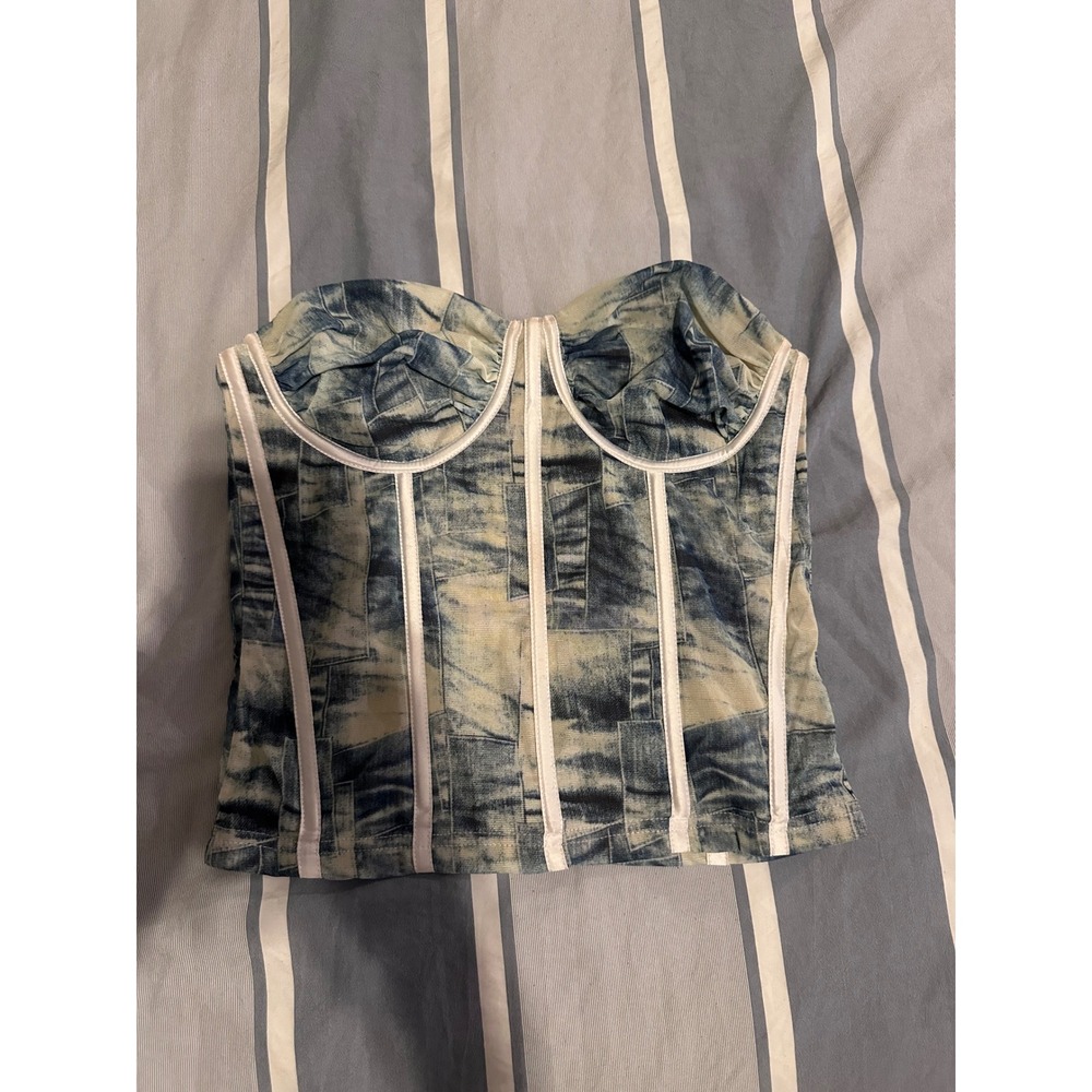Brooklyn Karma Womens Blue Denim Patchwork Print Corset Bustier Top Small